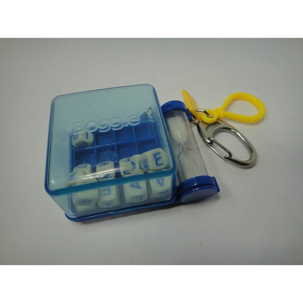 Vintage 2000 Basic Fun Boggle Keychain Miniature Travel Game with Sand Timer EUC